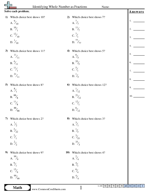 3.nf.3c Worksheets - Identifying Whole Number as Fractions worksheet